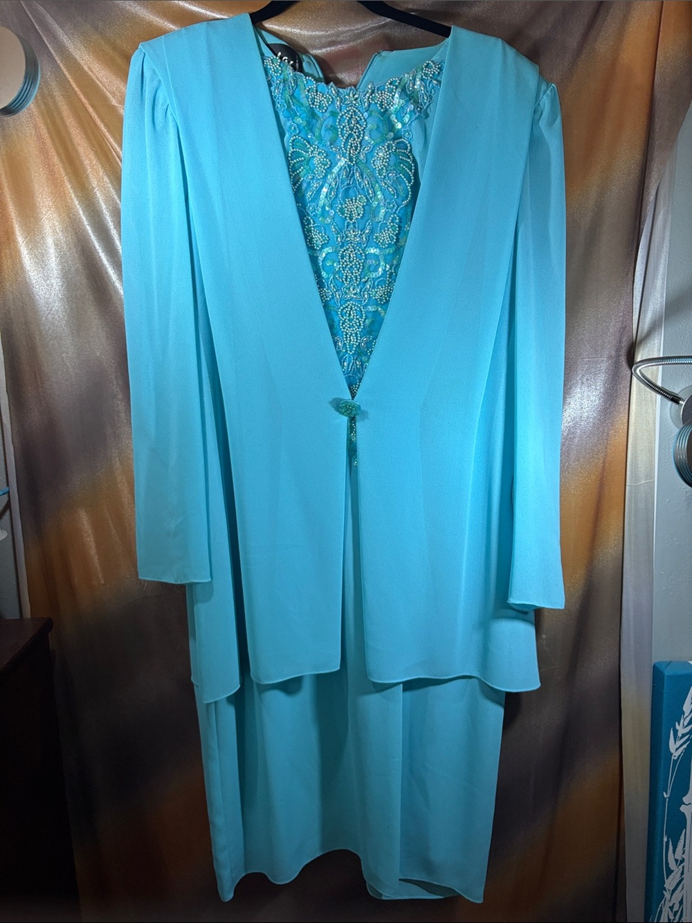 Vintage Ursula Turquoise Women's Long Open-Front with faux Evening Jacket DD